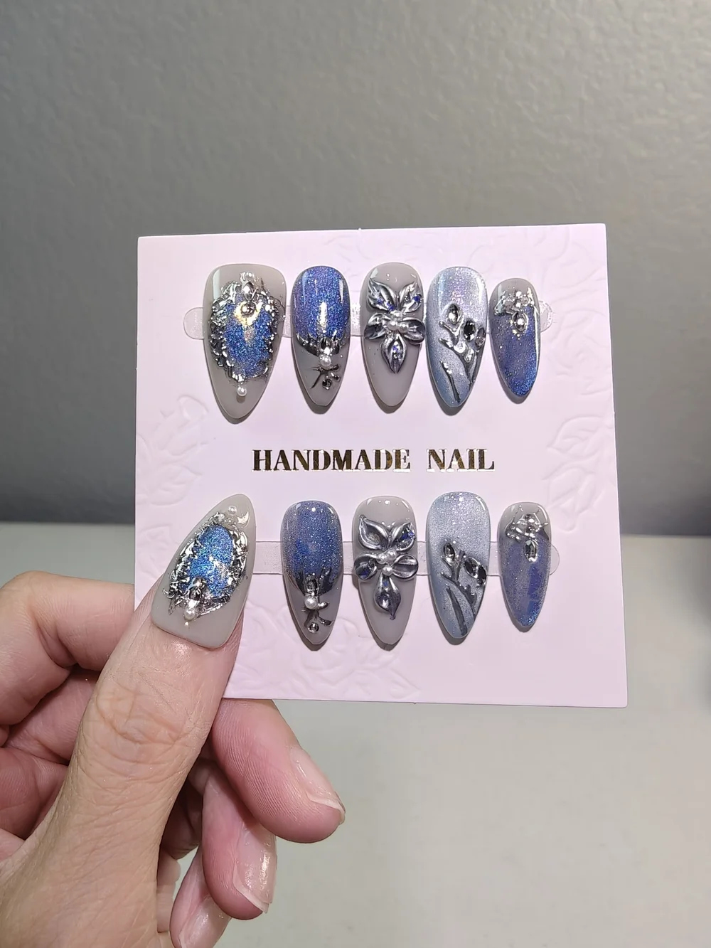 Silver and Blue Cat Eye Crystal With Floral Medium Almond Press On Nails